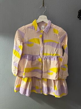 Girls' Pastel Pink Dress with Yellow & Lavender Wave Print